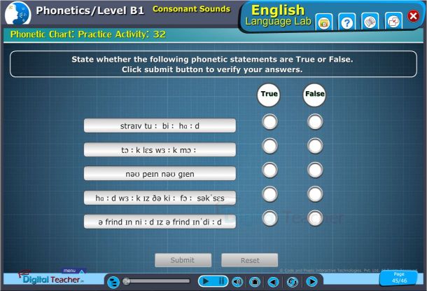 Consonant sounds of phonetic chart with true or false
